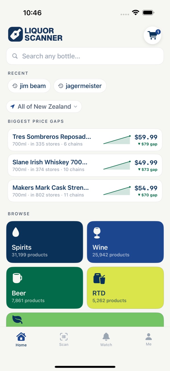 Liquor Scanner home screen with the biggest price gaps
