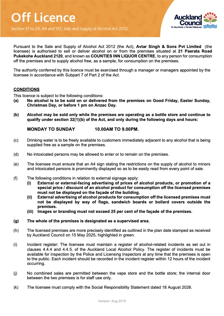 Off-licence 007/OFF/279/2026 issued by the Auckland District Licensing Committee to Avtar Singh & Sons Pvt Limited for Counties Inn Liquor Centre, page 1 of 2